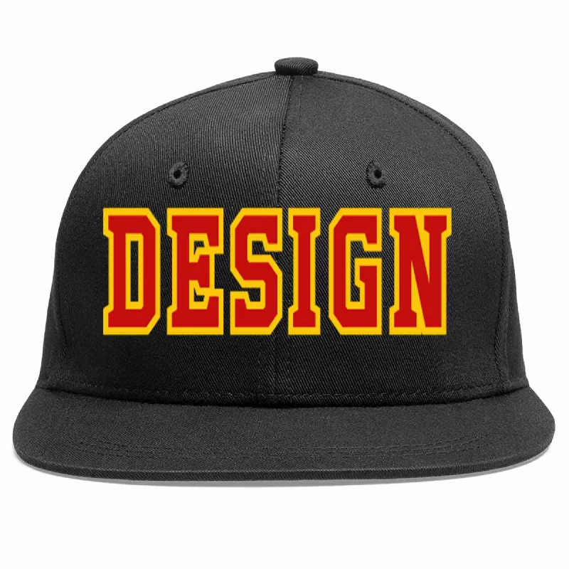 Baseball Cap For Sporting Events-Custom Black Red-Yellow Flat Eaves Sport Baseball Cap Design for Men/Women/Youth