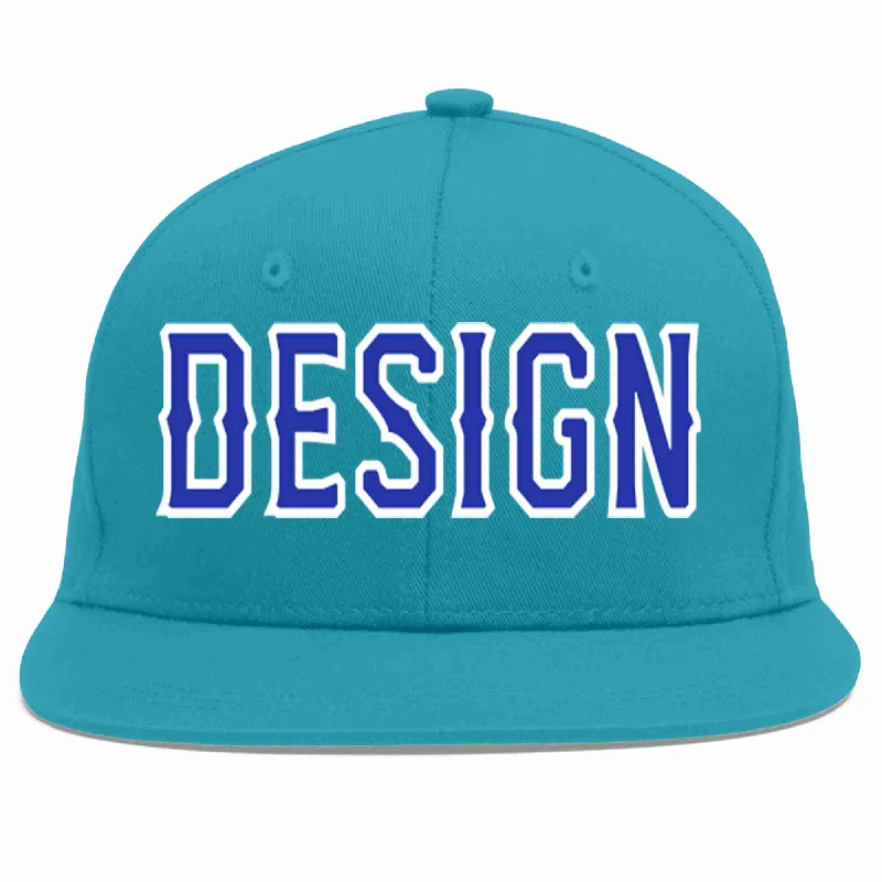 Baseball Cap For Fishing Enthusiasts-Custom Aqua Royal-White Flat Eaves Sport Baseball Cap Design for Men/Women/Youth