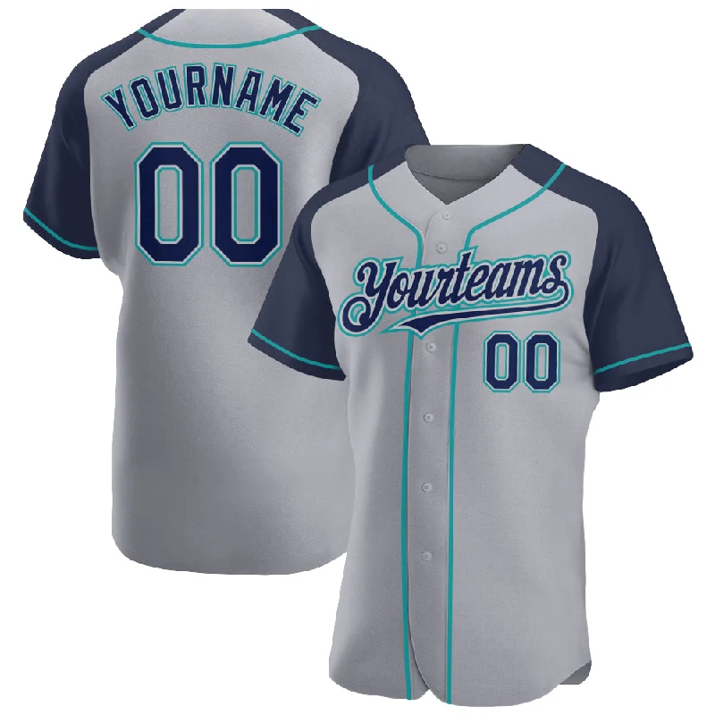 Baseball Jersey For Team Event Apparel-Custom Gray Navy-Teal Authentic Raglan Sleeves Baseball Jersey