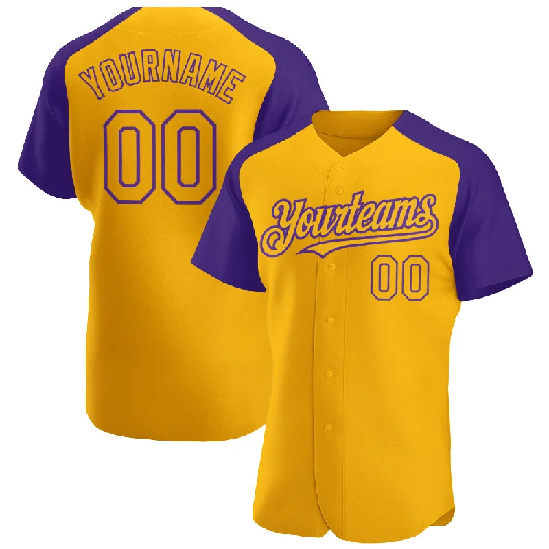 Baseball Jersey For Team Event Apparel-Custom Gold Purple Authentic Raglan Sleeves Baseball Jersey