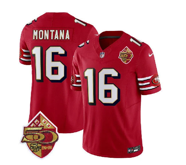 Football Jersey For Custom Designs-Men's San Francisco 49ers #16 Joe Montana Red 2023 F.U.S.E. 50th Patch Throwback Football Stitched Jersey