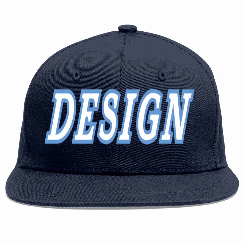 Baseball Cap For Fall-Custom Navy White-Light Blue Flat Eaves Sport Baseball Cap Design for Men/Women/Youth