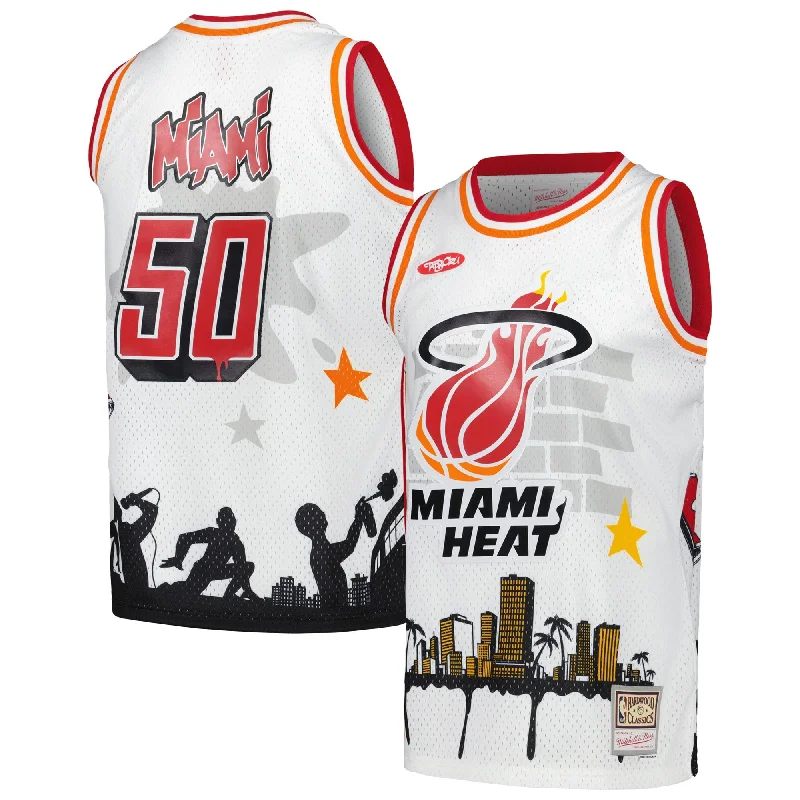 Basketball Jersey With Team Logo-Miami Heat X Tats Cru Hardwood Classics Fashion Basketball Jersey - White