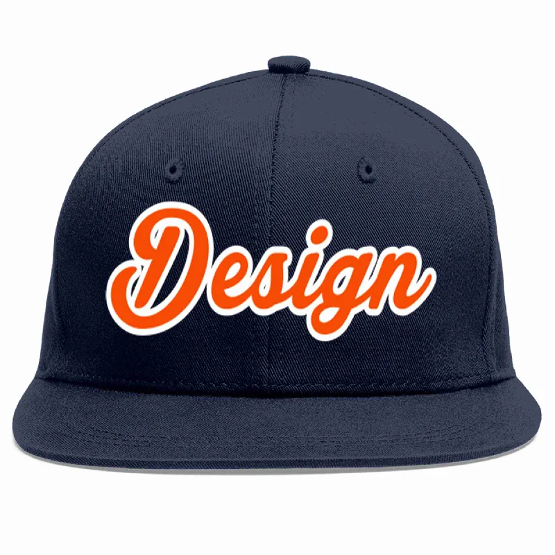 Custom Embroidered Baseball Cap-Custom Navy Orange-White Flat Eaves Sport Baseball Cap Design for Men/Women/Youth