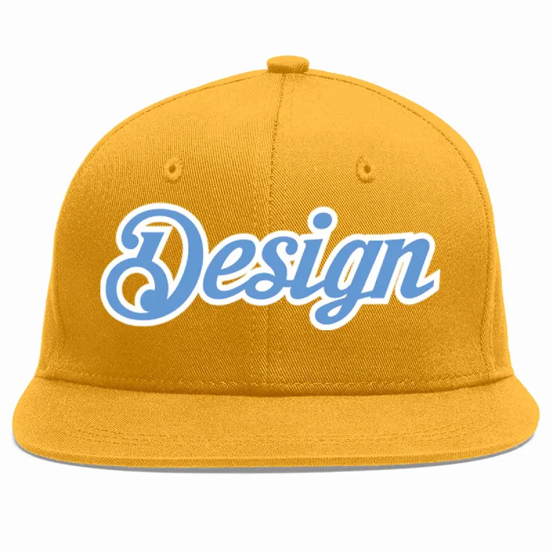 Baseball Cap With Custom Art Prints-Custom Gold Light Blue-White Flat Eaves Sport Baseball Cap Design for Men/Women/Youth