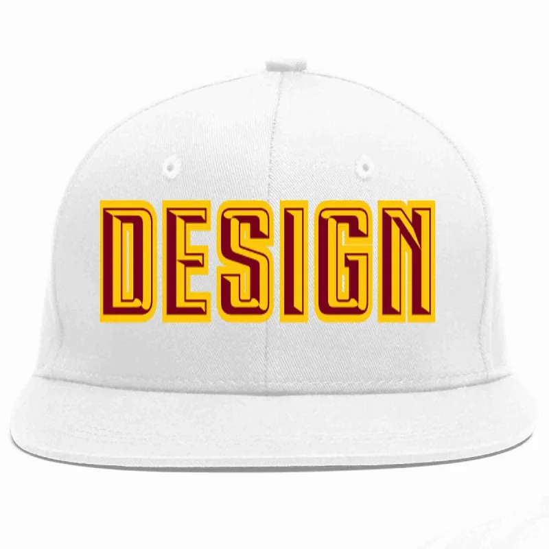 Baseball Cap For Stylish Streetwear-Custom White Crimson-Gold Flat Eaves Sport Baseball Cap Design for Men/Women/Youth