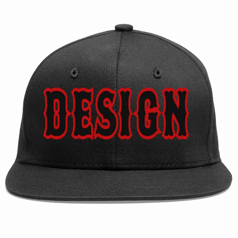 Custom Baseball Cap For Fundraising-Custom Black Black-Red Flat Eaves Sport Baseball Cap Design for Men/Women/Youth