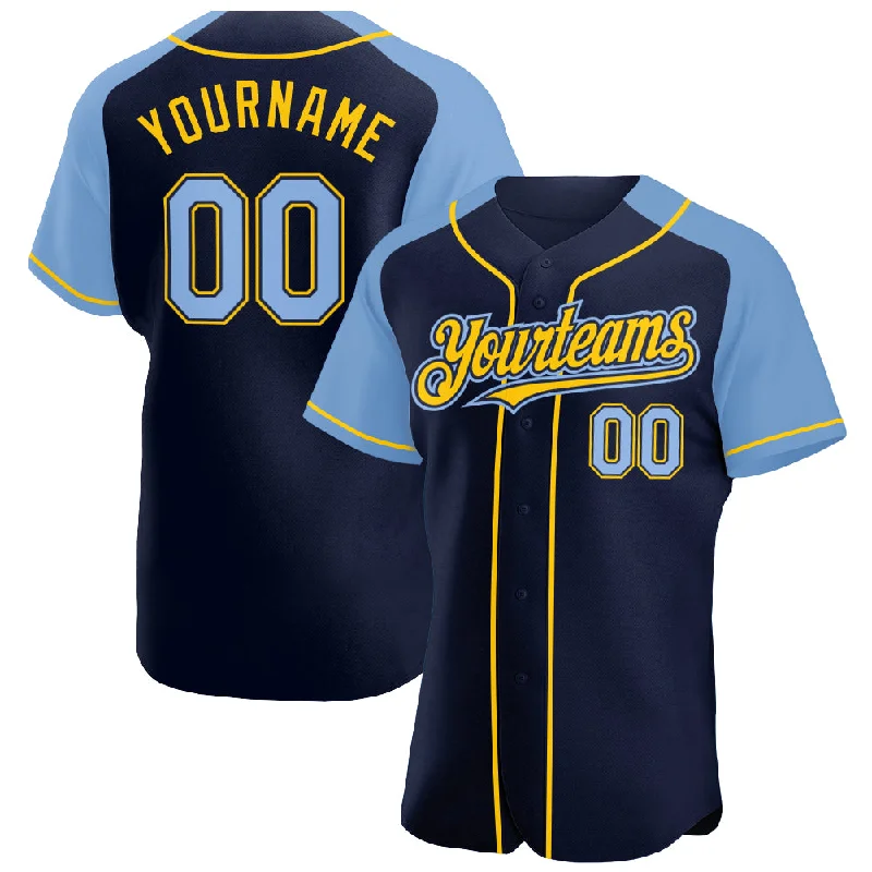 Baseball Jersey For Custom Fitting-Custom Navy Light Blue-Yellow Authentic Raglan Sleeves Baseball Jersey