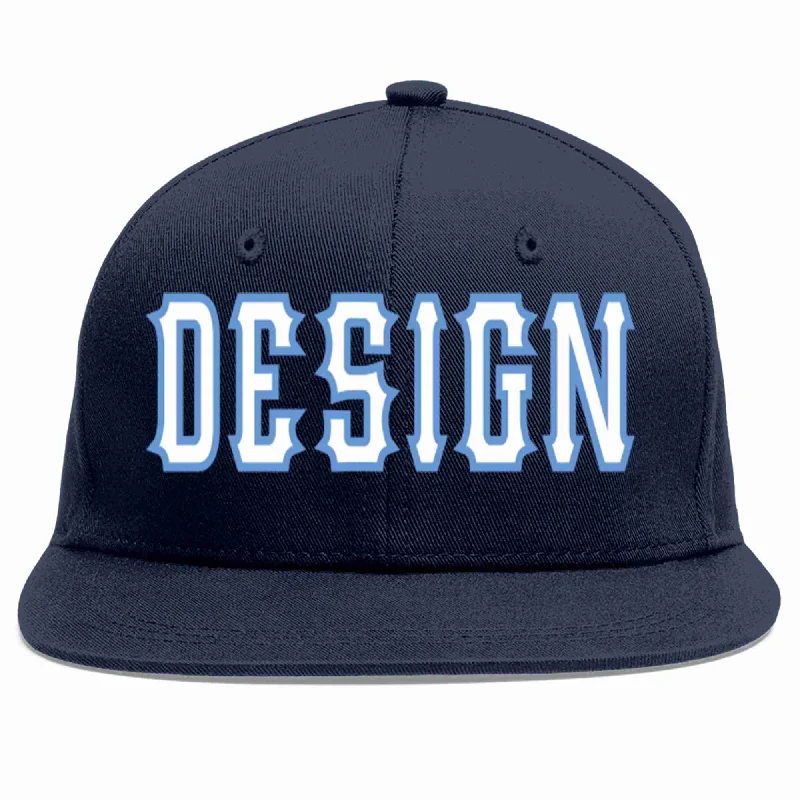 Baseball Cap With Custom Image-Custom Navy White-Light Blue Flat Eaves Sport Baseball Cap Design for Men/Women/Youth