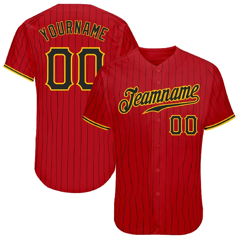 Baseball Jersey With Embellished Detailing-Custom Red Black Pinstripe Black-Gold Authentic Baseball Jersey