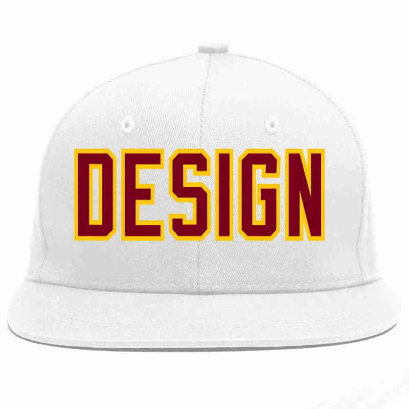 Baseball Cap For Personalized Branding-Custom White Crimson-Gold Flat Eaves Sport Baseball Cap Design for Men/Women/Youth