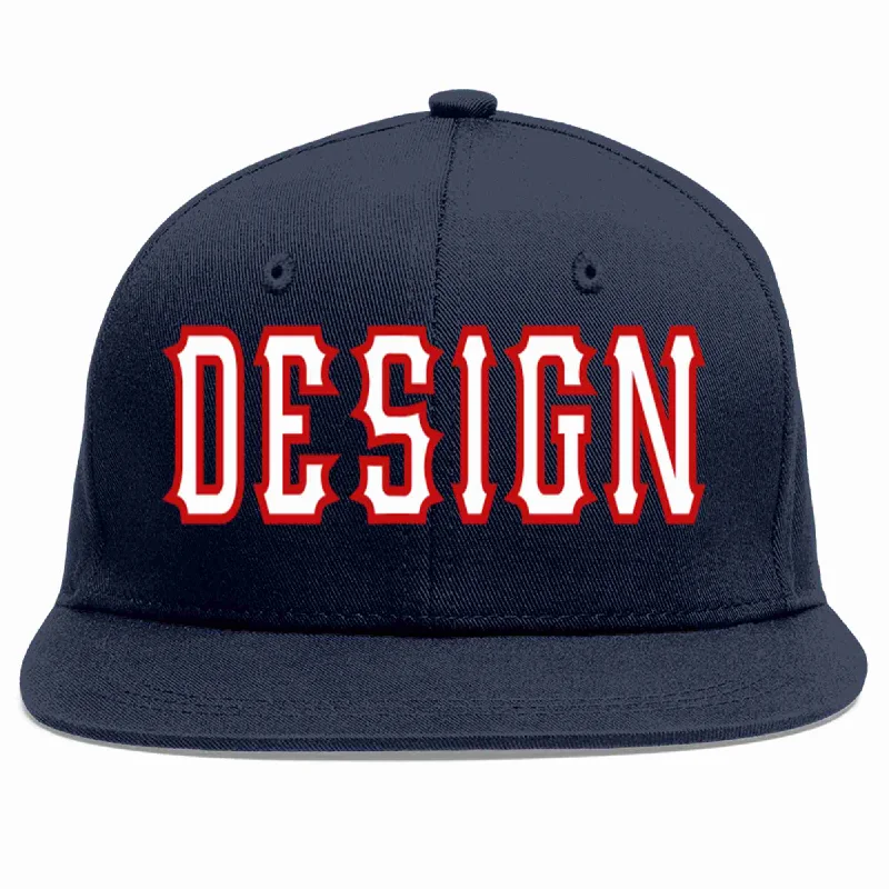 Baseball Cap With Printed Logos-Custom Navy White-Red Flat Eaves Sport Baseball Cap Design for Men/Women/Youth