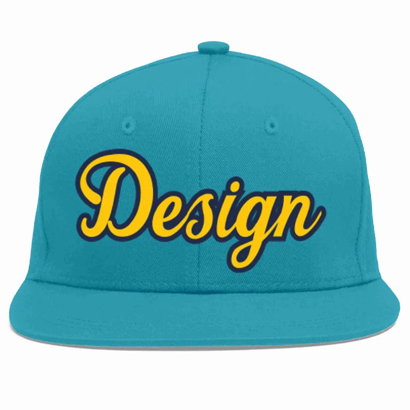 Baseball Cap With Personalized Designs-Custom Aqua Gold-Navy Flat Eaves Sport Baseball Cap Design for Men/Women/Youth