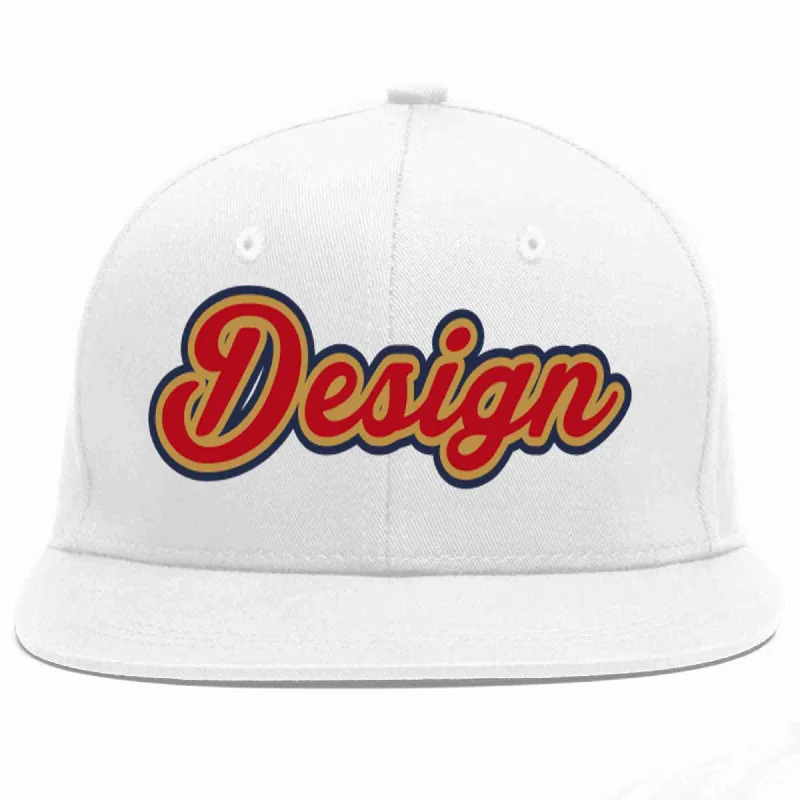 Baseball Cap With Patchwork Design-Custom White Red-Old Gold Flat Eaves Sport Baseball Cap Design for Men/Women/Youth