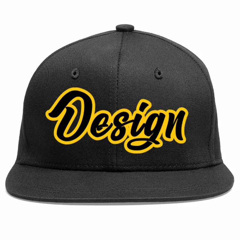 Baseball Cap For Hiking-Custom Black Black-Gold Flat Eaves Sport Baseball Cap Design for Men/Women/Youth