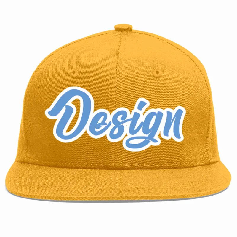 Baseball Cap With Seasonal Colors-Custom Gold Light Blue-White Flat Eaves Sport Baseball Cap Design for Men/Women/Youth