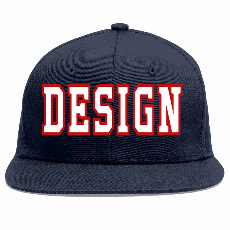 Baseball Cap For Custom Sports Gear-Custom Navy White-Red Flat Eaves Sport Baseball Cap Design for Men/Women/Youth