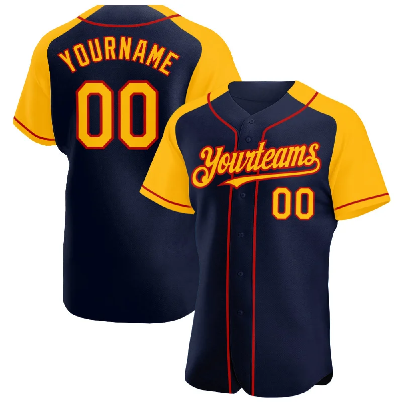 Baseball Jersey With Sweat Absorbing Material-Custom Navy Gold-Red Authentic Raglan Sleeves Baseball Jersey