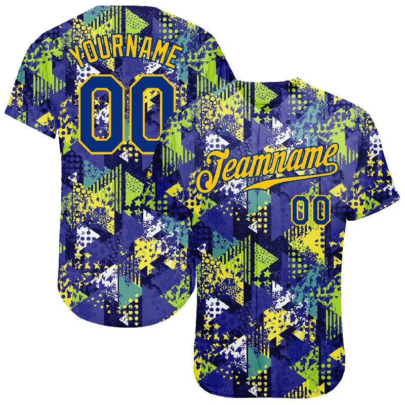 Baseball Jersey For Corporate Sponsorship-Custom Graffiti Pattern Royal-Gold 3D Creative Geometric Figures Triangle And Dots Authentic Baseball Jersey