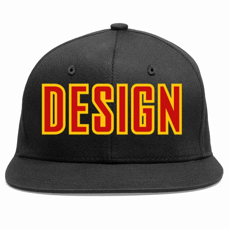 Baseball Cap For Soccer Fans-Custom Black Red-Yellow Flat Eaves Sport Baseball Cap Design for Men/Women/Youth