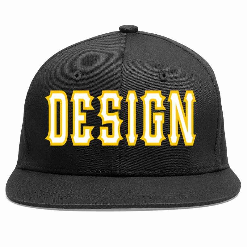 Baseball Cap For Popular Brands-Custom Black White-Gold Flat Eaves Sport Baseball Cap Design for Men/Women/Youth