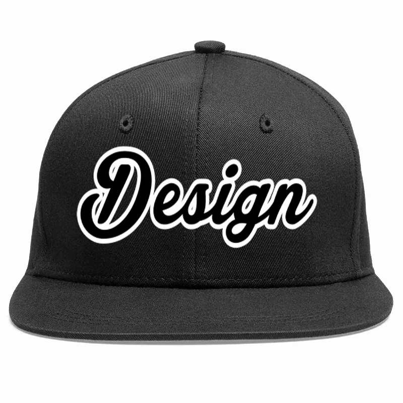 Baseball Cap For Fan Recognition-Custom Black Black-White Flat Eaves Sport Baseball Cap Design for Men/Women/Youth