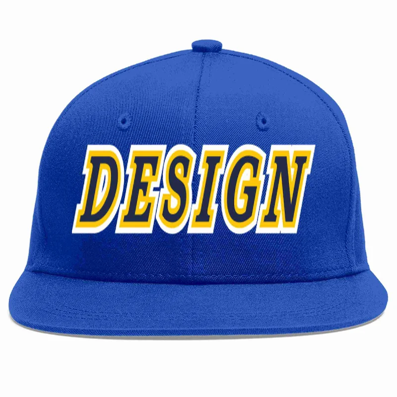 Baseball Cap For Custom Sports Gear-Custom Royal Navy-Gold Flat Eaves Sport Baseball Cap Design for Men/Women/Youth