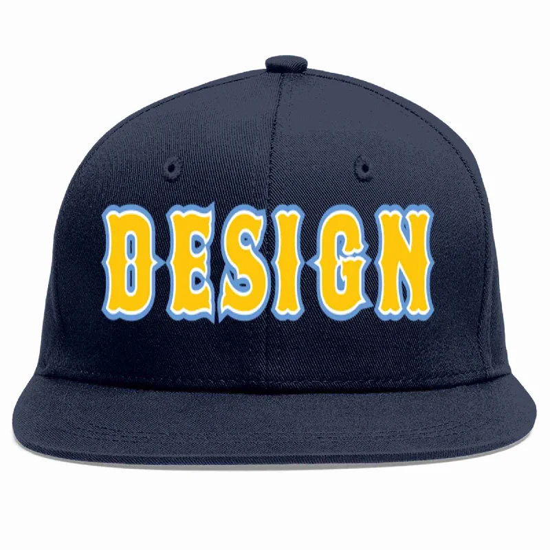 Baseball Cap For Stylish Streetwear-Custom Navy Gold-White Flat Eaves Sport Baseball Cap Design for Men/Women/Youth