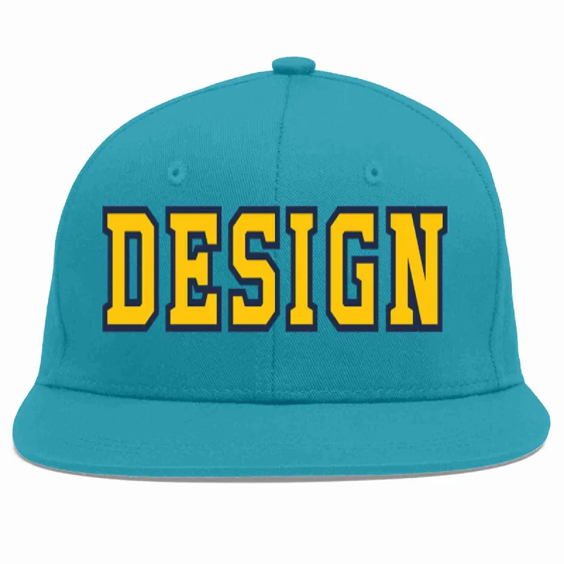 Baseball Cap For School Apparel-Custom Aqua Gold-Navy Flat Eaves Sport Baseball Cap Design for Men/Women/Youth