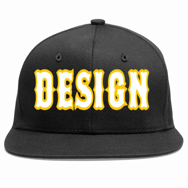 Baseball Cap For Corporate Branding-Custom Black White-Gold Flat Eaves Sport Baseball Cap Design for Men/Women/Youth