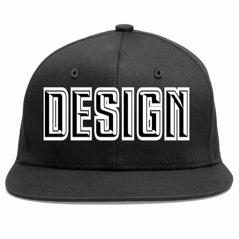 Baseball Cap With Custom Strap-Custom Black Black-White Flat Eaves Sport Baseball Cap Design for Men/Women/Youth