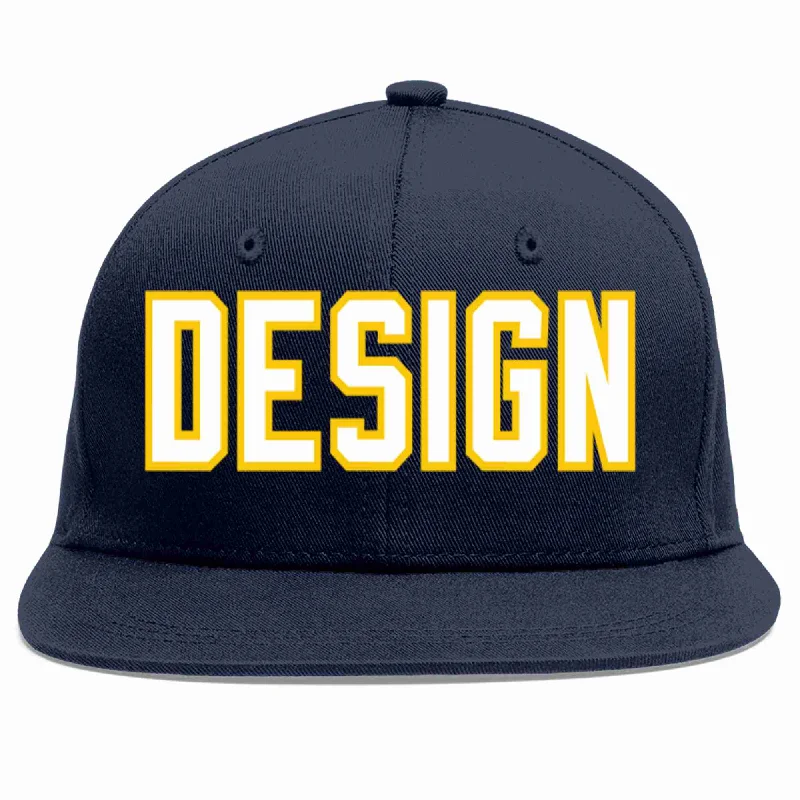 Custom Printed Baseball Cap-Custom Navy White-Gold Flat Eaves Sport Baseball Cap Design for Men/Women/Youth