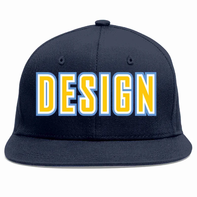 Baseball Cap For Special Events-Custom Navy Gold-White Flat Eaves Sport Baseball Cap Design for Men/Women/Youth