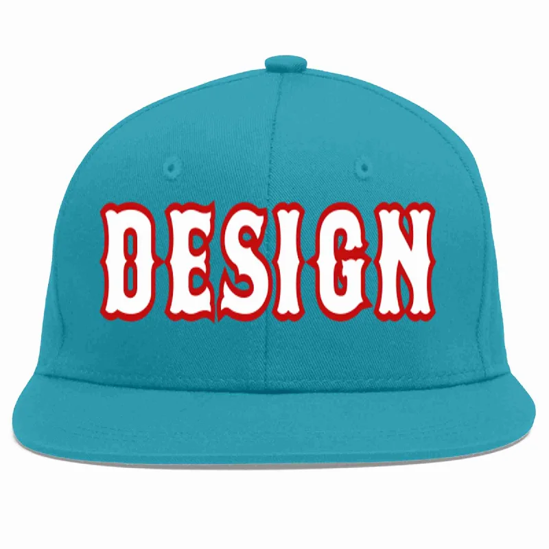 Baseball Cap With Iconic Logos-Custom Aqua White-Red Flat Eaves Sport Baseball Cap Design for Men/Women/Youth