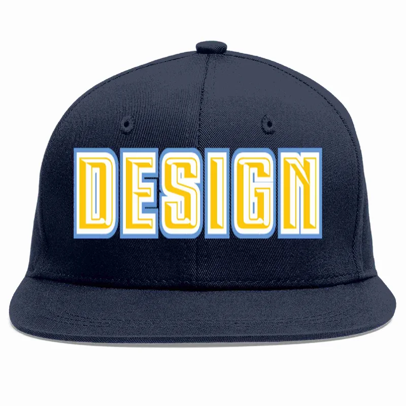 Baseball Cap With Player Number-Custom Navy Gold-White Flat Eaves Sport Baseball Cap Design for Men/Women/Youth