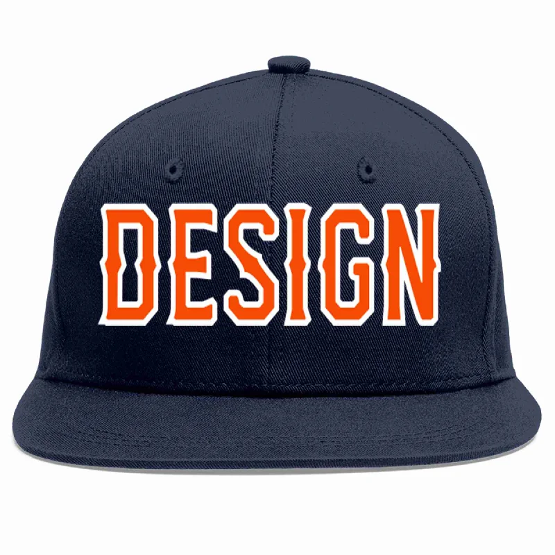 Baseball Cap For Personalized Branding-Custom Navy Orange-White Flat Eaves Sport Baseball Cap Design for Men/Women/Youth