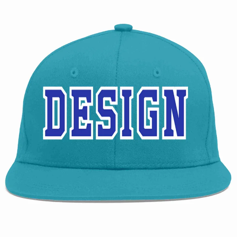 Baseball Cap With Flat Brim-Custom Aqua Royal-White Flat Eaves Sport Baseball Cap Design for Men/Women/Youth