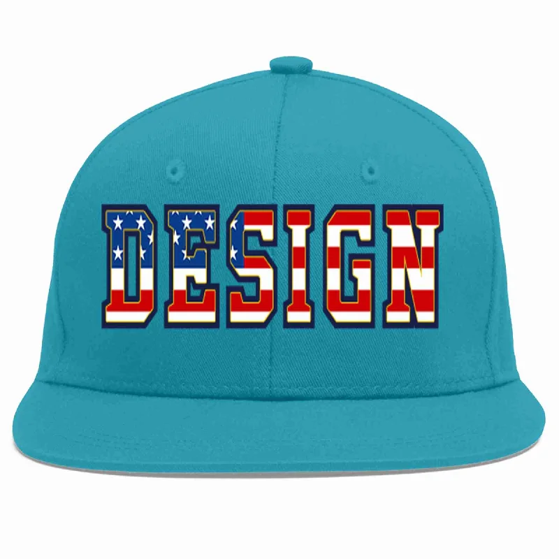 Baseball Cap For Casual Outfits-Custom Aqua Vintage USA Flag-Gold Flat Eaves Sport Baseball Cap Design for Men/Women/Youth