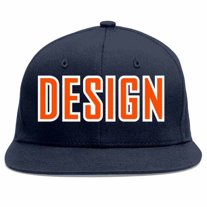 Baseball Cap For Fan Apparel-Custom Navy Orange-White Flat Eaves Sport Baseball Cap Design for Men/Women/Youth