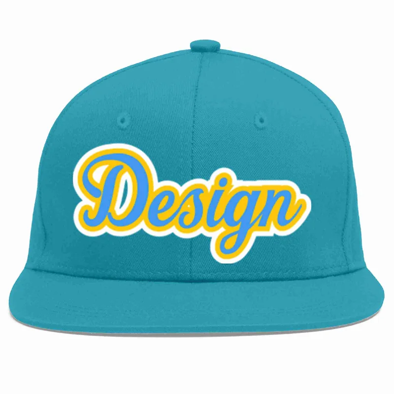 Baseball Cap For Custom Fan Gear-Custom Aqua Powder Blue-Gold Flat Eaves Sport Baseball Cap Design for Men/Women/Youth