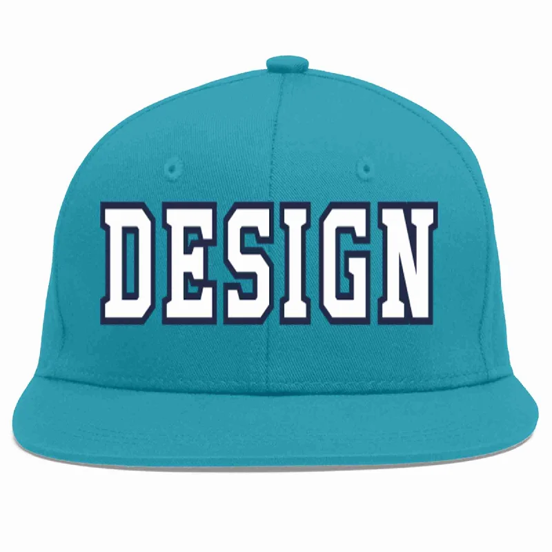 Baseball Cap For Corporate Wear-Custom Aqua White-Navy Flat Eaves Sport Baseball Cap Design for Men/Women/Youth