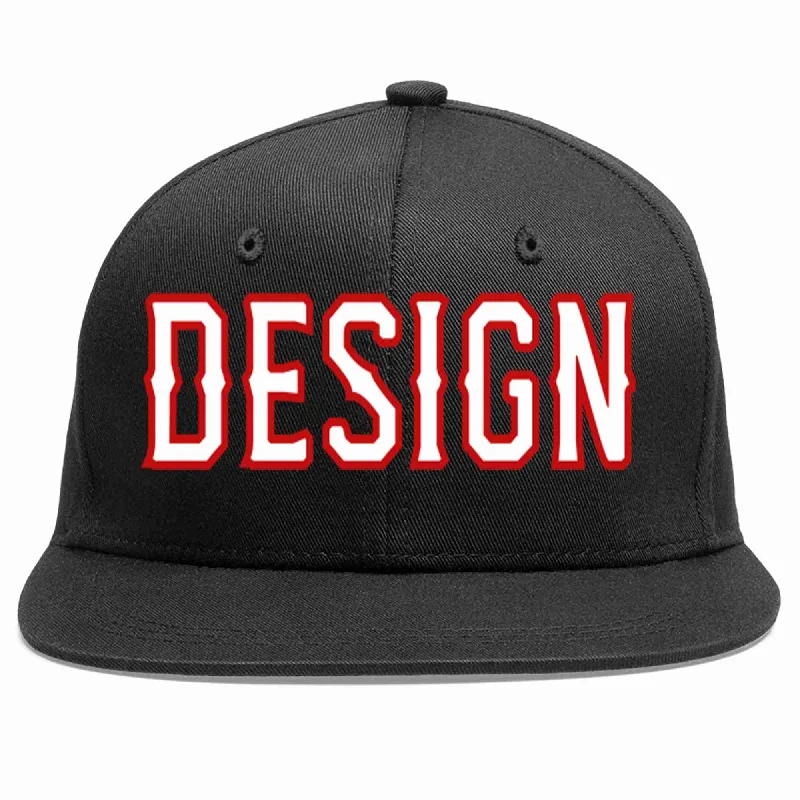 Personalized Embroidered Baseball Cap-Custom Black White-Red Flat Eaves Sport Baseball Cap Design for Men/Women/Youth