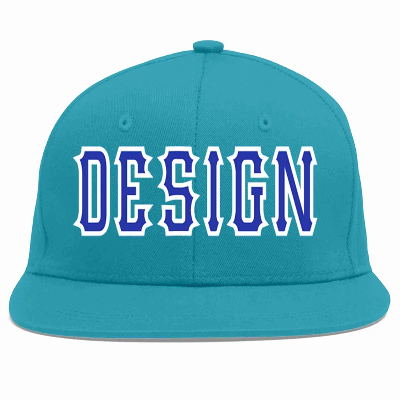 Baseball Cap With Custom Number-Custom Aqua Royal-White Flat Eaves Sport Baseball Cap Design for Men/Women/Youth