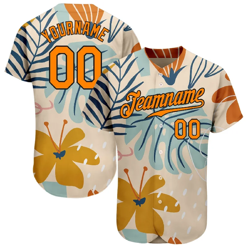 Baseball Jersey With Premium Quality Fabric-Custom Cream Bay Orange-Black 3D Pattern Design Hawaii Palm Leaves And Flowers Authentic Baseball Jersey