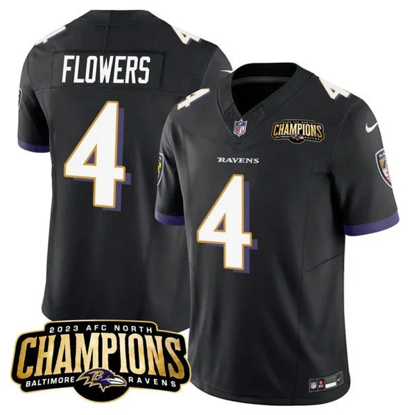 Football Jersey For Christmas Gifts-Men's Baltimore Ravens #4 Zay Flowers Black 2023 F.U.S.E. AFC North Champions Vapor Limited Football Stitched Jersey