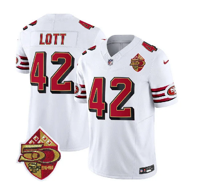 Football Jersey For Personalized Gifts-Men's San Francisco 49ers #42 Ronnie Lott White 2023 F.U.S.E. 50th Patch Throwback Football Stitched Jersey