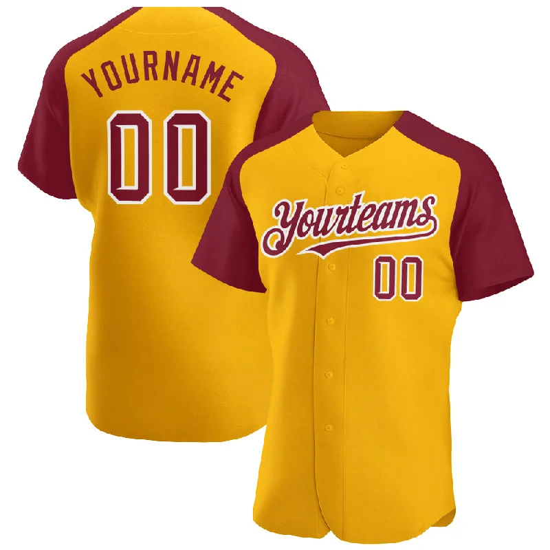 Baseball Jersey For Baseball-Themed Events-Custom Gold Crimson-White Authentic Raglan Sleeves Baseball Jersey