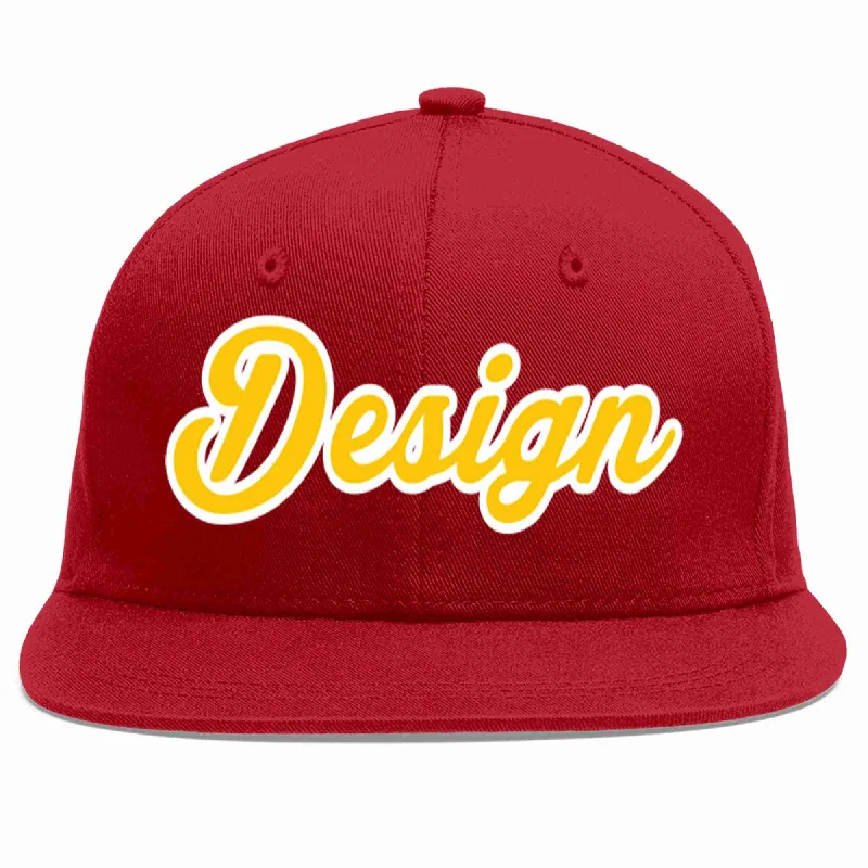 Personalized Fitted Baseball Cap-Custom Red Gold-White Flat Eaves Sport Baseball Cap Design for Men/Women/Youth