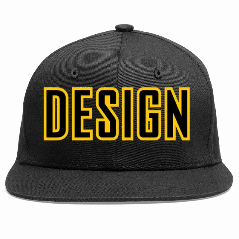 Baseball Cap With Embroidered Text-Custom Black Black-Gold Flat Eaves Sport Baseball Cap Design for Men/Women/Youth