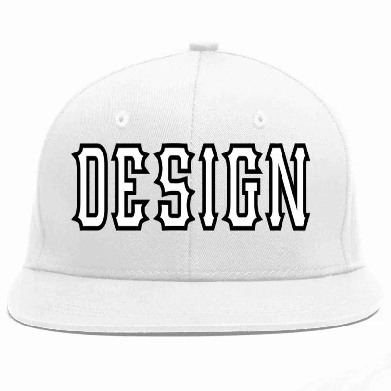 Baseball Cap For Music Festivals-Custom White White-Black Flat Eaves Sport Baseball Cap Design for Men/Women/Youth